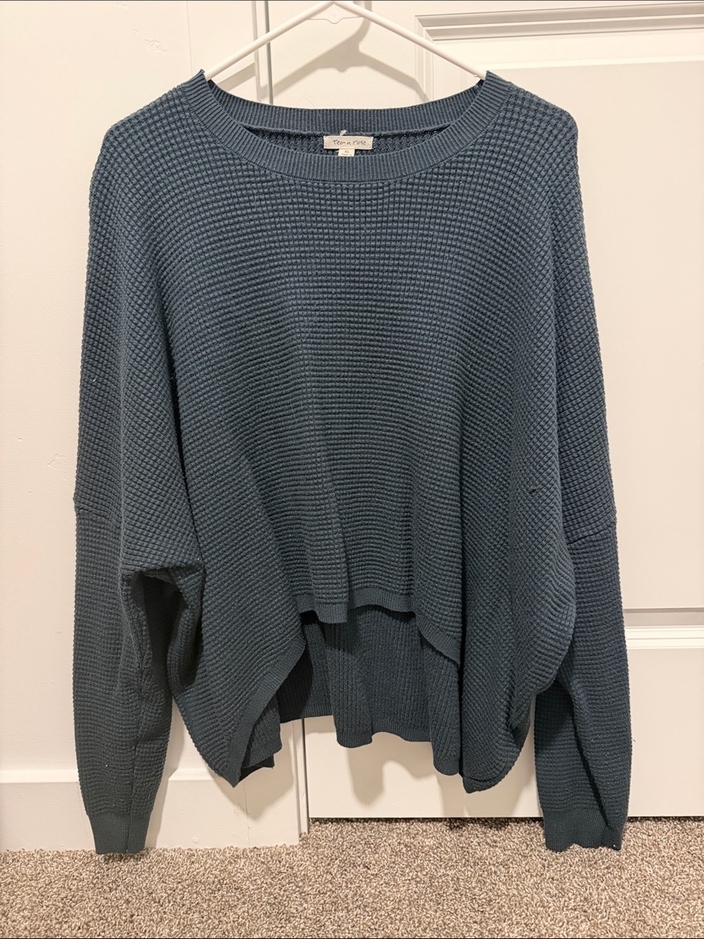 tea n rose muted slate blue waffle knit relaxed crew sweater